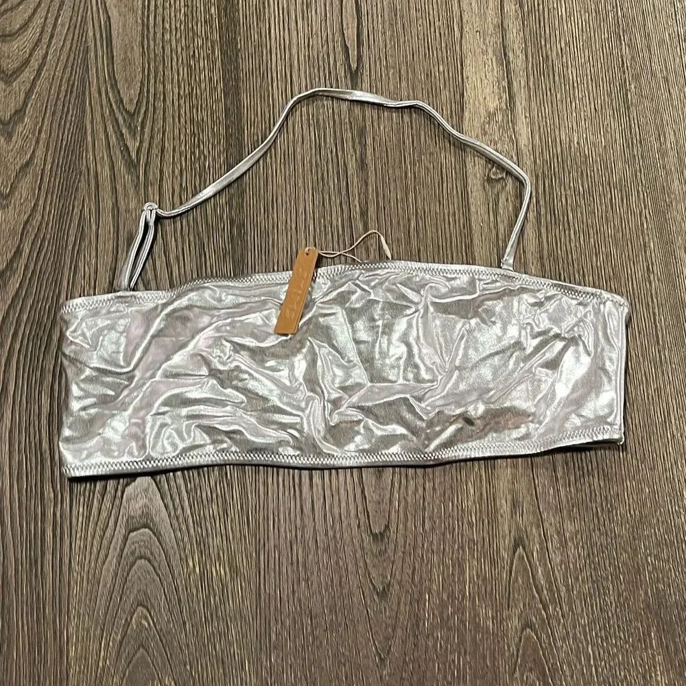 NWT Skims Metallic Swim Bandeau Bikini Top Strapless Pullover Swimwear Nickle 2X